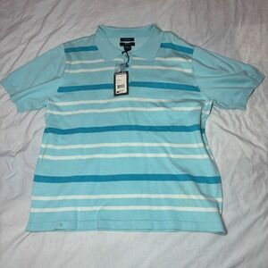 CEZANI Mens XL Blue Strip Fine Silk Blend Polo‎ Shirt Short Sleeve Button "Flaw"